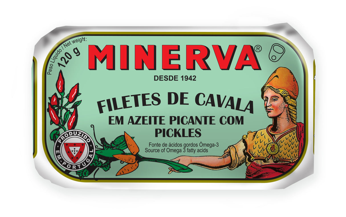 Minerva Gourmet Canned Mackerel Fillets In Spicy Olive Oil with Pickles