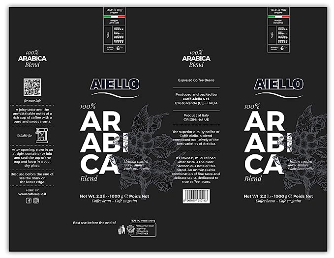 Aiello Caffe Italian Espresso Coffee Beans 2.2 LB Bag Arabica Whole Bean Coffee Blend Freshly Roasted and Blended in Southern Italy - International Loft