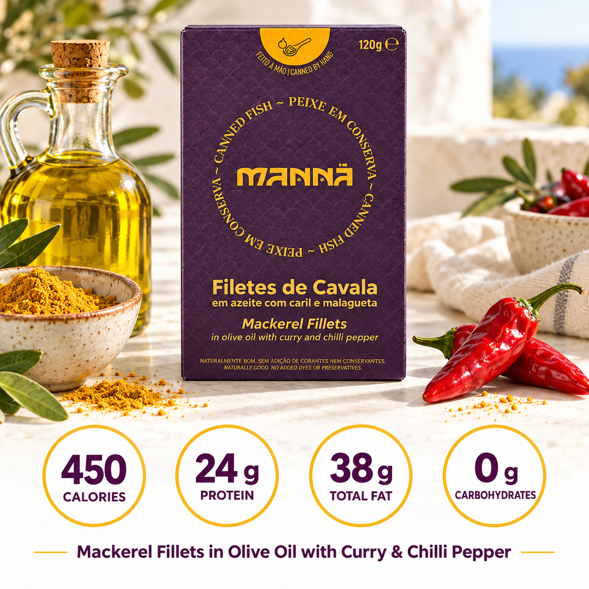 Manná Mackerel Fillets in Olive Oil with Curry & Chilli Pepper – 4.2 oz (120 g)