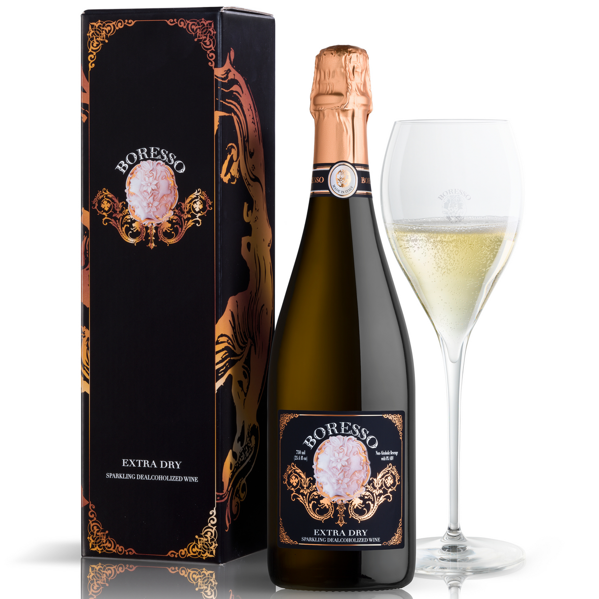 Boresso Sparkling Non-alcoholic Wine From Italy, Extra Dry Dealcoholized, 750ml (25.4 fl oz) Bottle with Gift Box