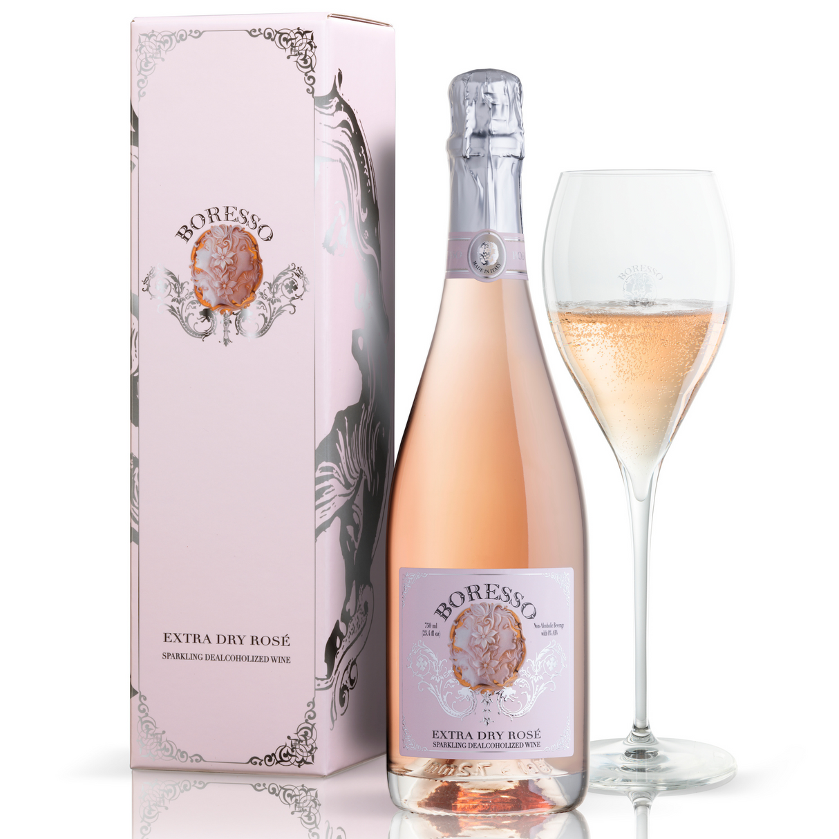 BORESSO Rosé Sparkling Non-alcoholic Wine From Italy, Extra Dry Dealcoholized, 750ml (25.4 fl oz) Bottle with Gift Box