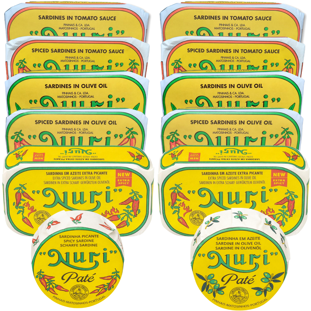NURI Portuguese Sardines Complete Collection 12 Pack Variety by Seafood Aficionado in a Gift Box