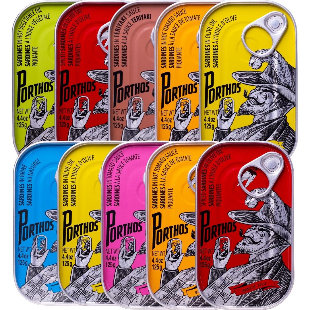 Choice Selection of Porthos Sardines 10 Pack Variety by Seafood Aficionado in a Gift Box