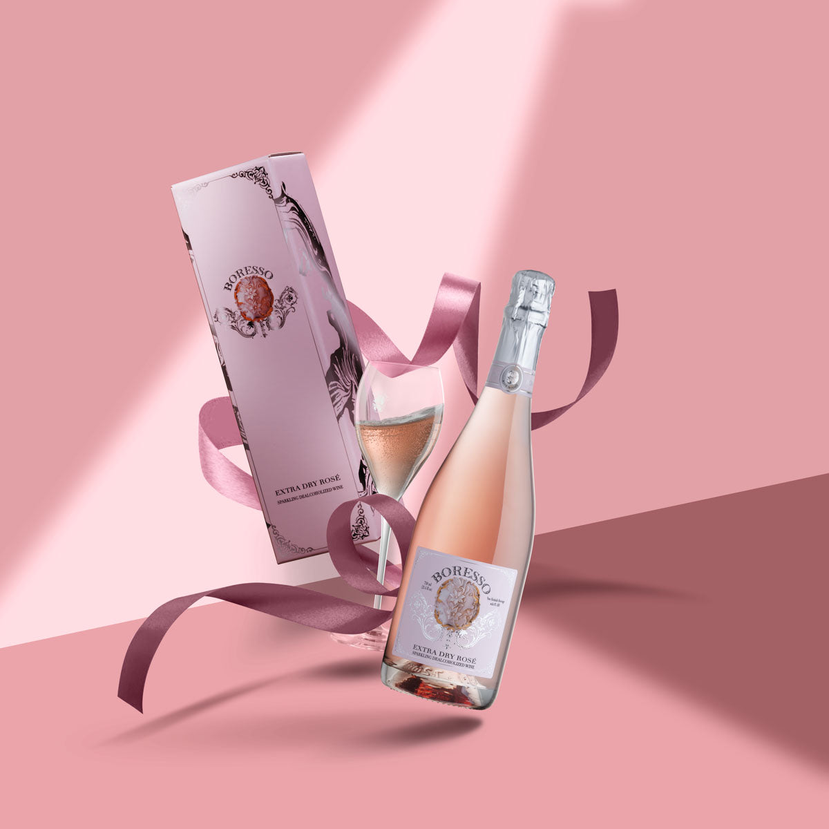 BORESSO Rosé Sparkling Non-alcoholic Wine From Italy, Extra Dry Dealcoholized, 750ml (25.4 fl oz) Bottle with Gift Box