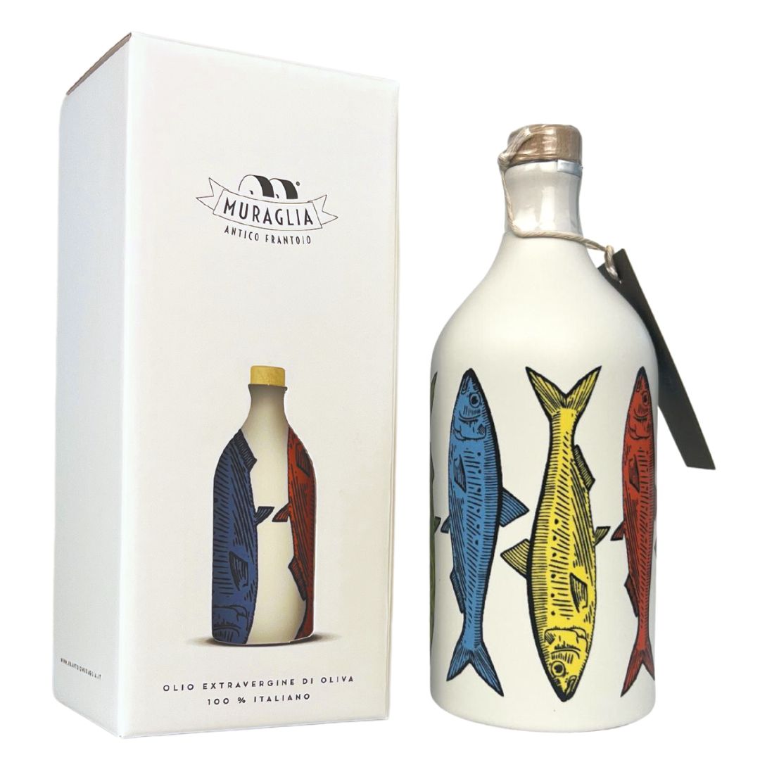 Antico Frantoio Muraglia, Premium Italian Extra Virgin Olive Oil, Pop Art Collection SARDINES, Collectible Handmade Ceramic Bottle 17 Fl Oz - International Loft