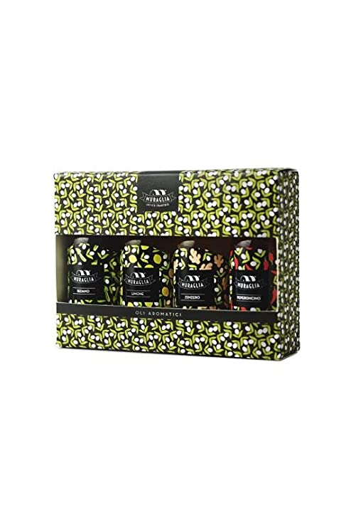 Antico Frantoio Muraglia Flavored EVOO Gourmet Italian Tasting Gift Set Four 1.69 Fl Oz (50 ml) Bottles of Flavored Blends of Natural Herbs and Spices Fresh Chili Pepper, Celery, Ginger, Lemon | Imported from Italy Gift Boxed - International Loft