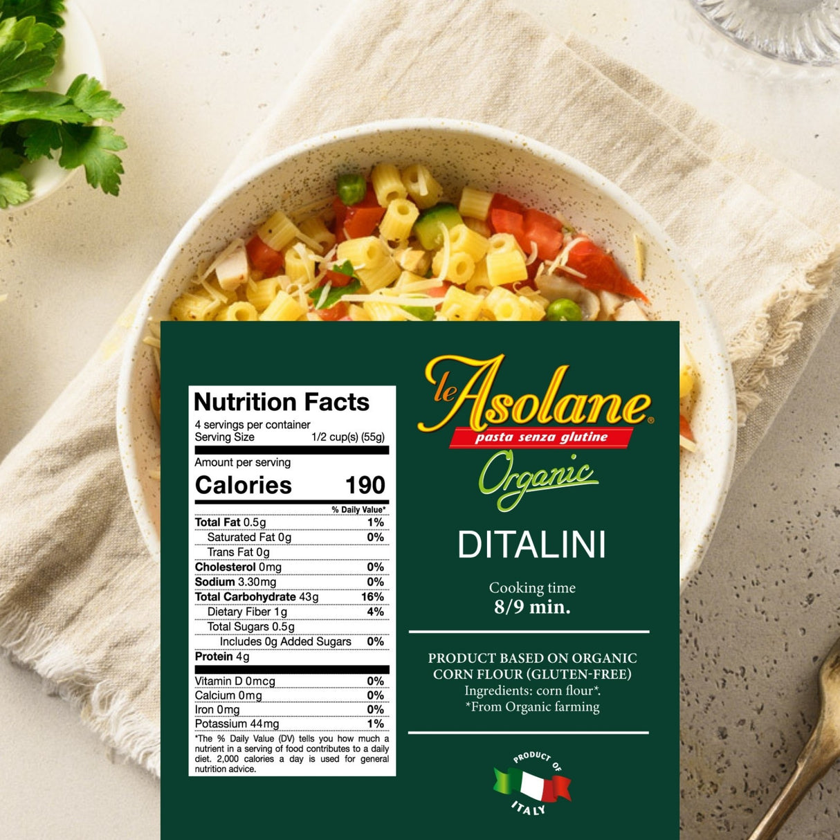 Le Asolane Certified Organic Gluten Free Ditalini Pasta Authentic Imported Italian Gourmet Pasta from Select Premium Grade Corn Flour 8.8 oz package - International Loft