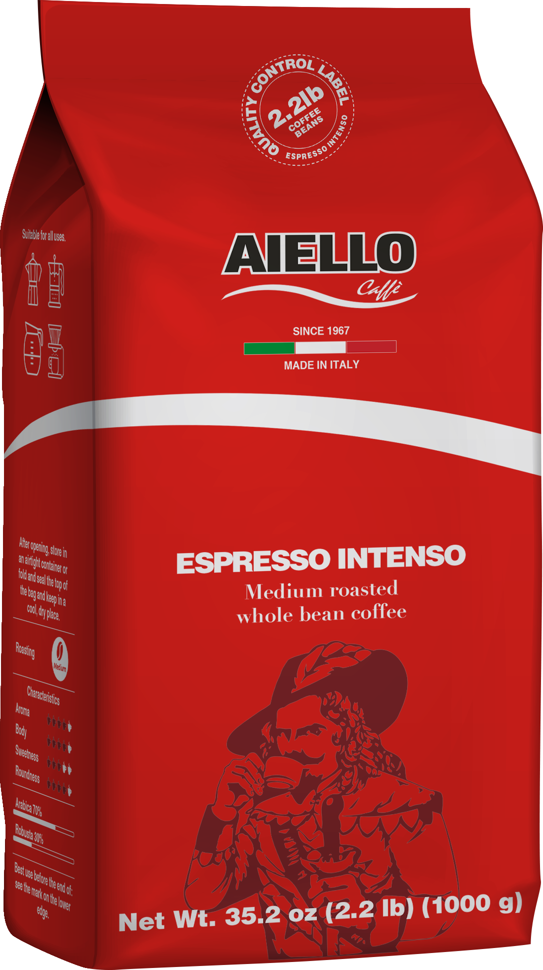 Aiello Caffé Italian Espresso Intenso Coffee Beans, Medium Roasted Whole Bean Coffee Blend - International Loft