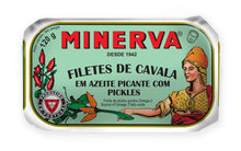 Load image into Gallery viewer, Minerva Gourmet Canned Mackerel fillets In Spicy Olive Oil with pickles
