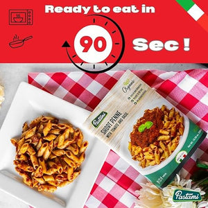 Pastimi Organic Ready-To-Eat Microwable Pasta, Short Penne with Tomato and Basil Sauce Ready in 90 Sec