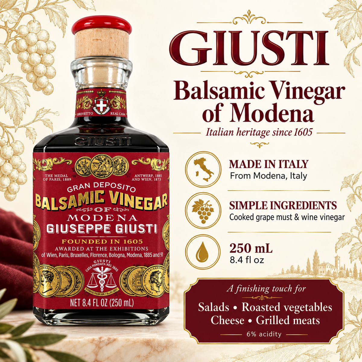 Giuseppe Giusti Gran Deposito 3 Gold Medals Aceto Balsamico Di Modena Aged Artisan Italian Balsamic Vinegar , 8.45 Fl Oz
