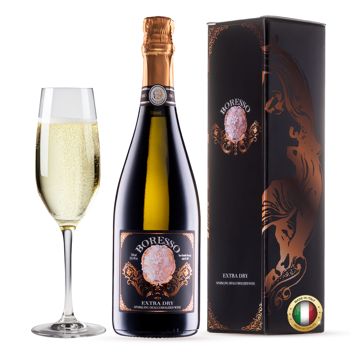 Boresso Non-alcoholic Sparkling Wine From Italy, Extra Dry Dealcoholized, 750ml (25.4 fl oz) Bottle with Gift Box