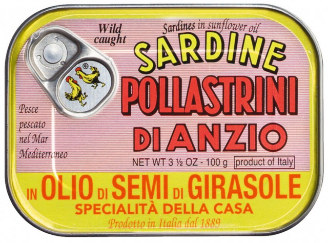 Sardine can labeled 'Sardine Pollastrini di Anzio' with yellow and red text on a pink background.