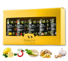 Load image into Gallery viewer, Antico Frantoio Muraglia Flavored Cold Pressed EVOO Gourmet Italian Tasting Gift Set | Five .67 Fl Oz (20 ml) Bottles of Cold Pressed Blends Simple Natural Ingredients | Fresh Chili Pepper, Celery, Ginger, Lemon, Garlic | Imported from Italy | Gift Boxed
