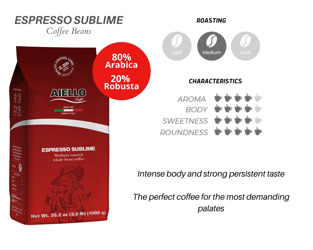 Aiello Caffé Italian Espresso Sublime Coffee Beans, Medium Roasted Whole Bean Coffee Blend - International Loft