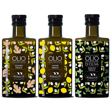 Antico Frantoio Muraglia Flavored EVOO Gourmet Italian Tasting Set 3 Pack Extra Virgin Olive Oil Blends Basil, Ginger, Lemon Imported from Italy 6.76 fl oz (200ml) Bottles Gift Boxed - International Loft