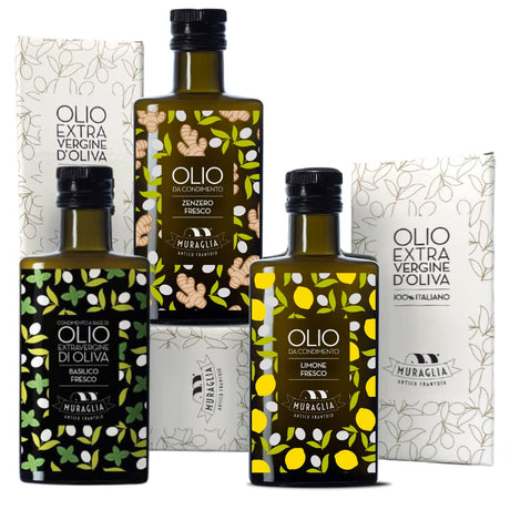 Antico Frantoio Muraglia Flavored EVOO Gourmet Italian Tasting Set 3 Pack Extra Virgin Olive Oil Blends Basil, Ginger, Lemon Imported from Italy 6.76 fl oz (200ml) Bottles Gift Boxed - International Loft