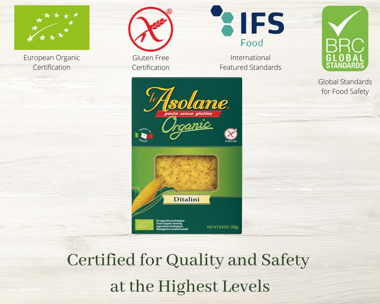 Le Asolane Certified Organic Gluten Free Ditalini Pasta Authentic Imported Italian Gourmet Pasta from Select Premium Grade Corn Flour 8.8 oz package - International Loft