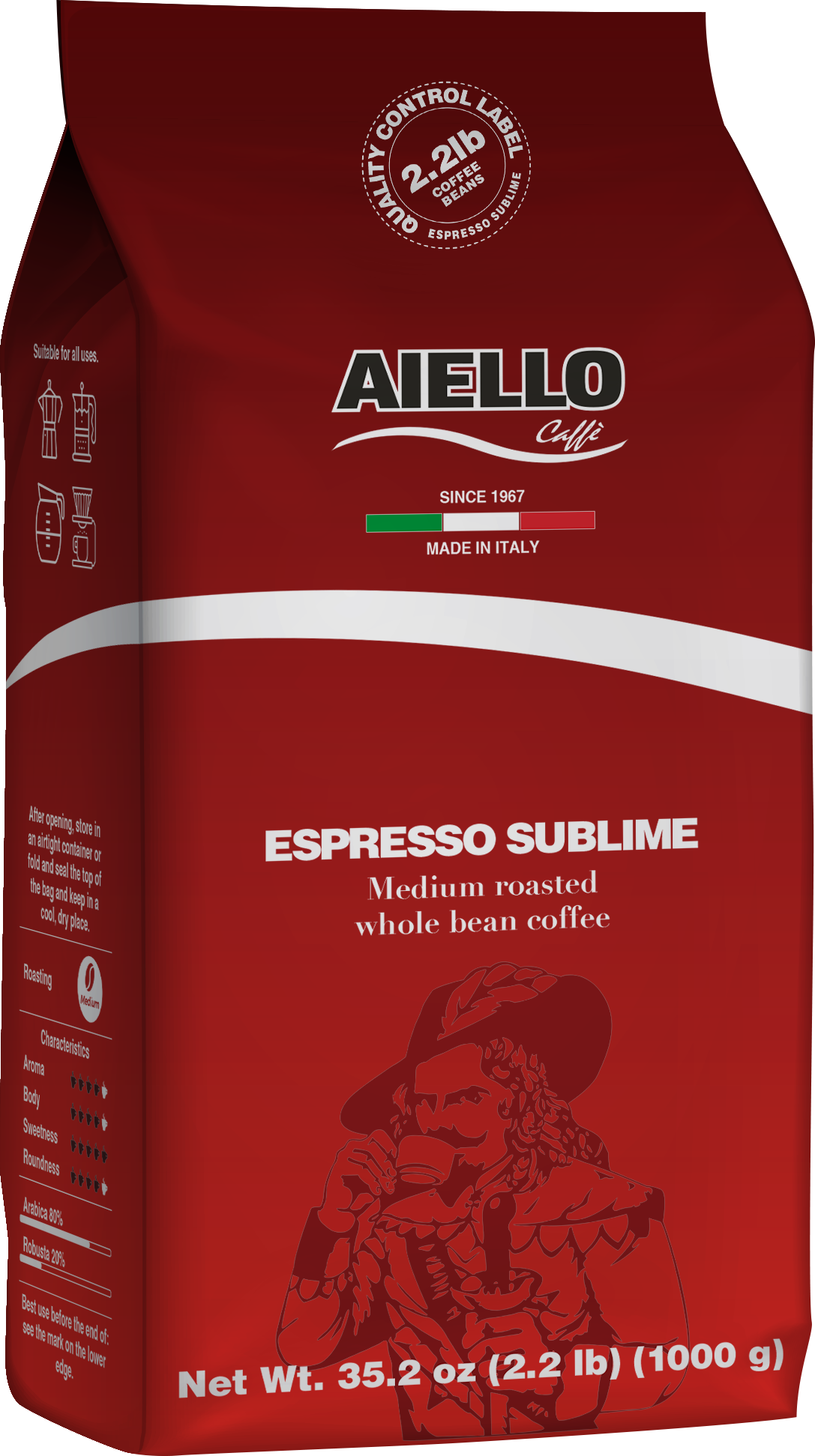 Aiello Caffé Italian Espresso Sublime Coffee Beans, Medium Roasted Whole Bean Coffee Blend - International Loft