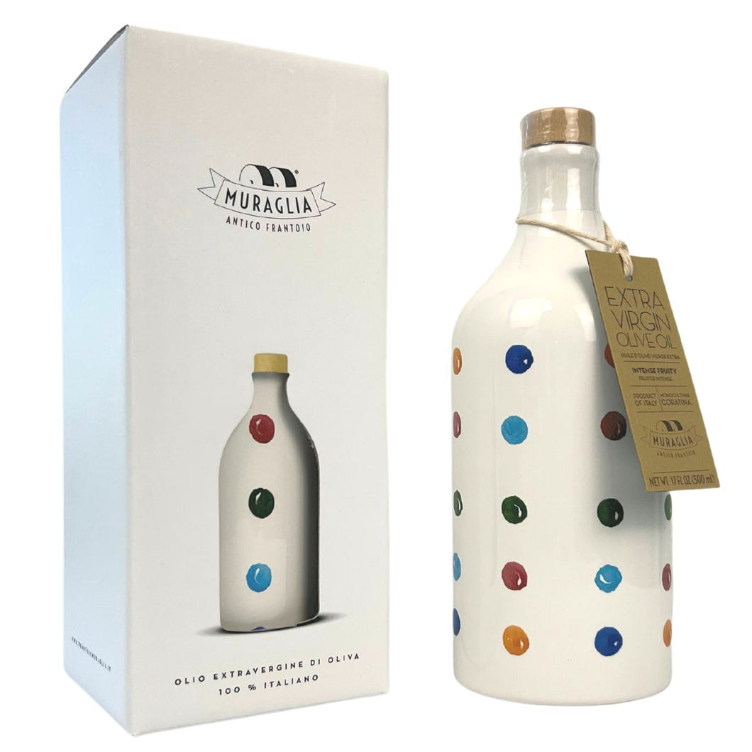 Antico Frantoio Muraglia, Premium Italian Extra Virgin Olive Oil, Pop Art Collection POLKA DOTS, Collectible Handmade Ceramic Bottle 17 Fl Oz - International Loft