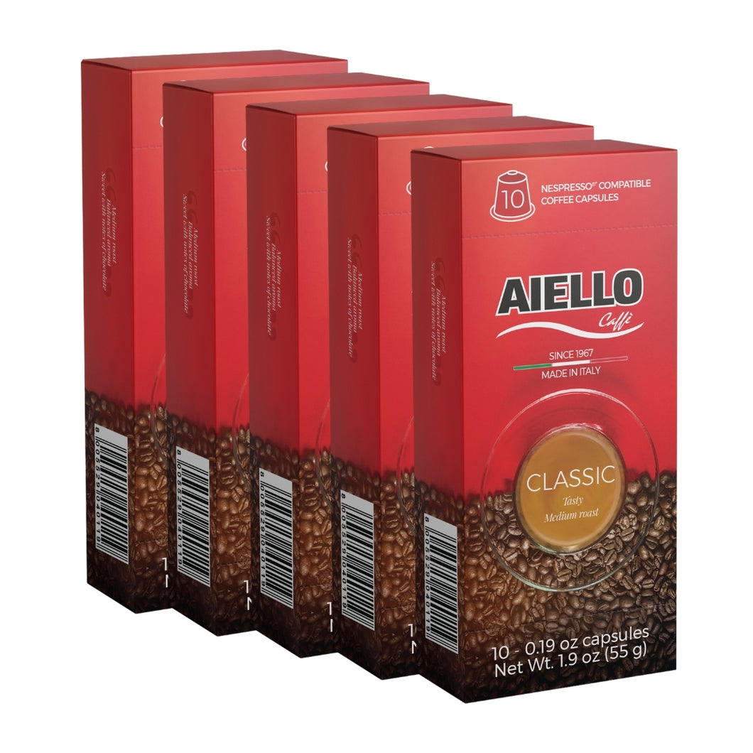 Aiello Caffé Classico Italian Espresso Capsules Pack, 50 Count Single Cup Coffee Pods Compatible with Nespresso Original Machines - International Loft