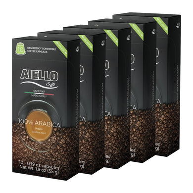 Aiello Caffé 100% Organic Arabica Italian Espresso Capsules Pack, 50 Count Single Cup Coffee Pods Compatible with Nespresso Original Machines - International Loft